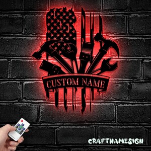 Custom US Flag Plumbing Tool Metal Wall Art LED Light - Personalized American Plumber Name Sign Home Decor - Ideal for Home Decor & Gift