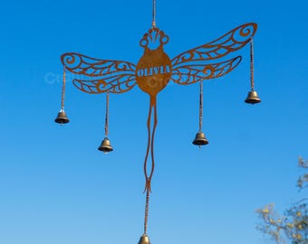 Personalized Dragonfly Metal Rusty Wind Chime with Bells, Rusty Wind Chime Art, Outdoor Yard Decor, Relaxation Garden Ornament
