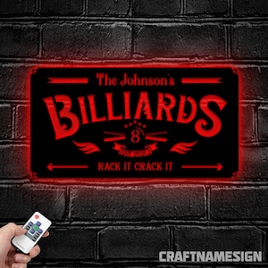 Arte de pared de metal de billar personalizado con luz LED - Letrero personalizado con el nombre del jugador de billar - Ideal para decoración y regalos del hogar - Decoración del club de billar