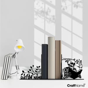 Custom Skeleton Read Book Metal Bookend, Personalized Skeleton Book Ends, Book Stand Black Metal Art, Book Nook Office Decor for Book Lover