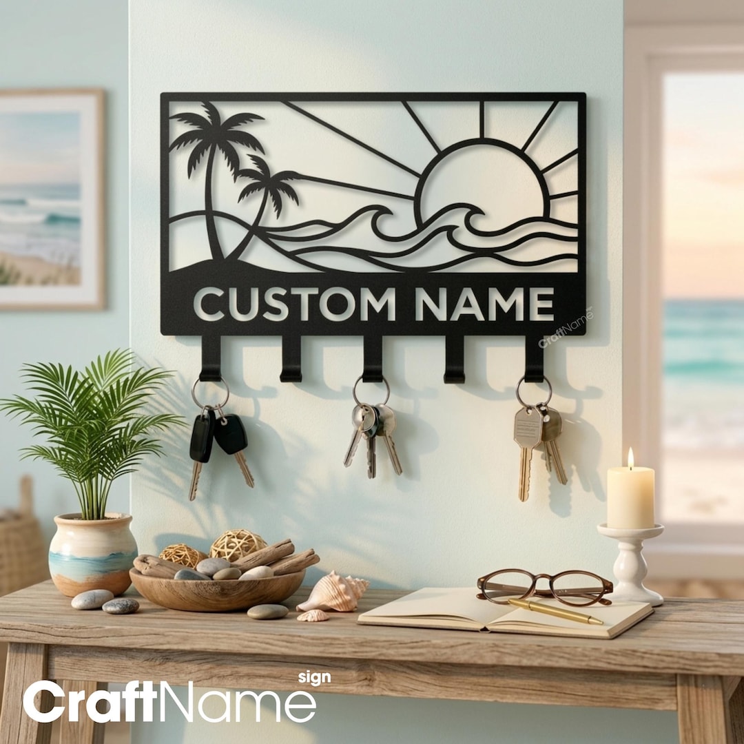 Beach Key Rack Custom Beach Sunset Key Holder, Personalized Coastal Wall Hook for ...