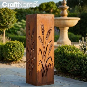 Columna de jardín de metal oxidado con diseño de trigo, decoración rústica para exteriores, ideal para patios o césped, regalo para amantes de la naturaleza y la jardinería.