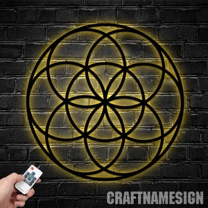 Sacred Geometry Metal Wall Art Led Light, Home Meditation Metal Yoga Wall Deco, Zen Metal Home Decor, Flower of Life, Metatron Cube Wall Art