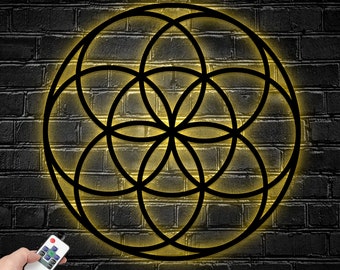 Sacred Geometry Metal Wall Art Led Light, Home Meditation Metal Yoga Wall Deco, Zen Metal Home Decor, Flower of Life, Metatron Cube Wall Art