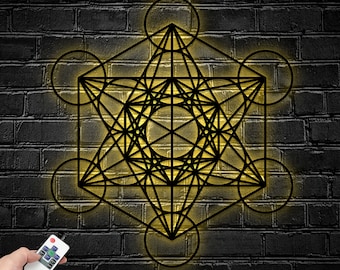 Sacred Geometry Metal Wall Art Led Light, Home Meditation Metal Yoga Wall Decor, Zen Metal Home Decor, Sri Yantra, Metatron Cube Wall Art