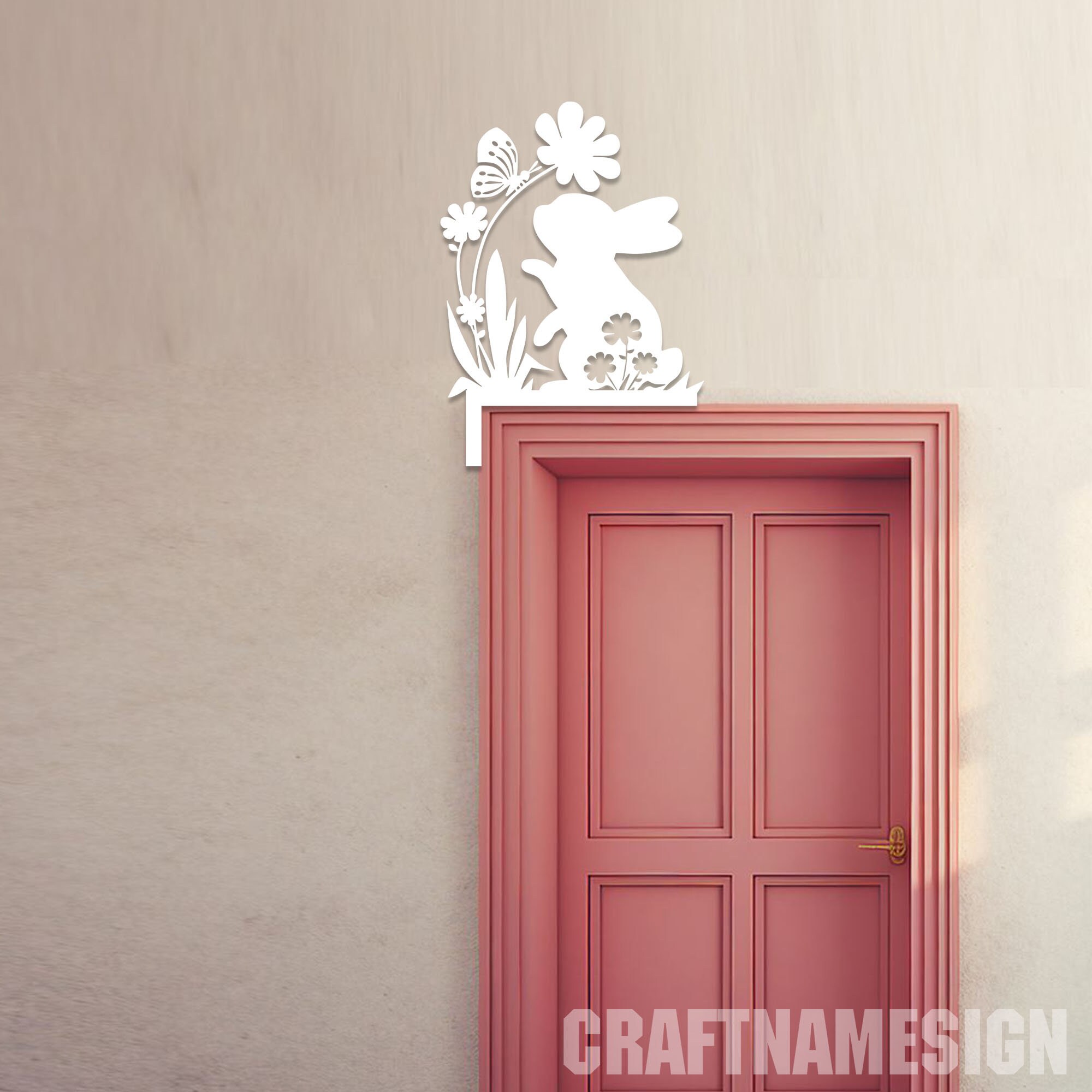 Door Frame Rabbits Bunny Butterfly on Nose Door Topper Metal Wall Art, Rabbit Door Corner ...