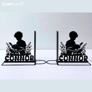 Custom Boy Read Book Metal Office Bookend Decor, Custom Bookish Book Ends, Book Stand Black Metal Art, Book Nook Office Decor for Book Lover