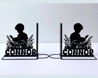 Custom Boy Read Book Metal Office Bookend Decor, Custom Bookish Book Ends, Book Stand Black Metal Art, Book Nook Office Decor for Book Lover