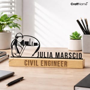 カスタム木製女性土木技師デスクネームプレート、テーブル用金属製ネームプレート、オフィス装飾、新入社員ギフト