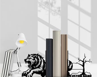 Sujetalibros de metal negro con diseño de lobo personalizado, sujetalibros personalizados para amantes de los lobos, soporte para libros de metal negro, decoración de oficina o rincón de lectura para amantes de los libros.