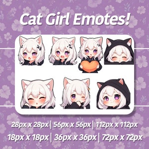 Pacote de Emotes de Cat Girl x7 - Twitch, Youtube, Discord - Cat Girl de Pelo Branco