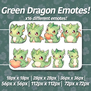 Green Dragon Emotes x16 - Twitch, Youtube, Discord - Cute Adorable Green Leaf Dragon Emoji Pack