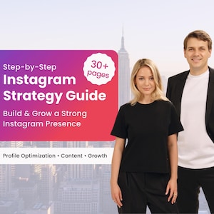 Puede incluir: Una Guía de Estrategia de Instagram con el texto "Step-by-Step Instagram Strategy Guide" y "Build & Grow a Strong Instagram Presence." La guía tiene más de 30 páginas e incluye optimización de perfil, contenido y estrategias de crecimiento. Dos personas están frente a un horizonte.