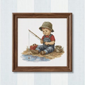Little Fisherman Cross Stitch Pattern PDF, Vintage Boy Embroidery, Nursery Wall Decor