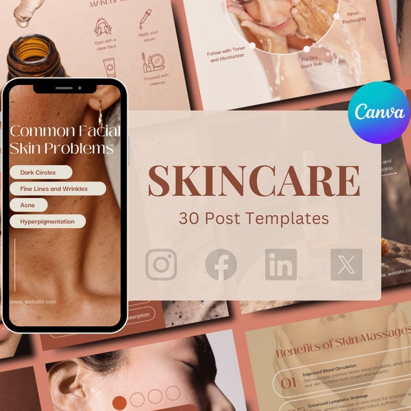 Skincare Social Media Templates | Esthetician, Dermatologist | Instagram Posts | Modern Luxury Design | Beauty Products | Canva Template
