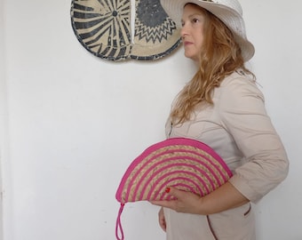 Pink Clutch Bag, Striped Straw Beach Bag, Natural Sea Moss Bag, Women Beach Straw Clutch, Boho Bag, Beach Clutch Bag, Mothers Day Gift