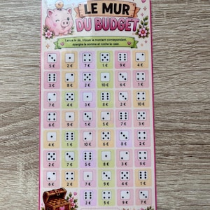 Peut inclure: Une carte de suivi d'épargne rectangulaire intitulée LE MUR DU BUDGET avec une tirelire rose, un coffre au trésor et une grille de cases. Chaque case affiche une face de dé et un montant en euros pour suivre ses objectifs d'épargne.