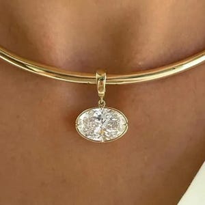 3.50 Ct East West Oval Moissanite Pendant Bezel Set Oval Cut Pendant For Woman Oval Cut Moissanite Charm 14k Yellow Gold Diamond Pendants