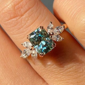 3.0 CT Radiant Cut Cyan Blue Green Moissanite Engagement Ring With Side Marquise Cut Stone with Prong Setting Beautiful Promise Ring For Her
