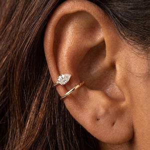 Pear Cut Lab Diamond Ear Cuff, 14K Solid Gold Dainty Non Pierced Bridesmaid Gift Modern Teardrop Cuff