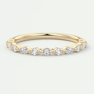 Moissanite Eternity Wedding Band, 14K Yellow Gold Alternating Marquise & Round Cut Stackable Band