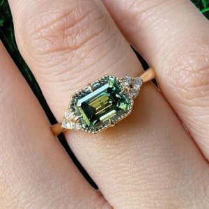 East West Ring, Moissanite Green Emerald Cut Ring/1.67 CT Emerald Cut Bezel Set Cluster Engagement Ring/14K Yellow Gold Gift Ring For Women