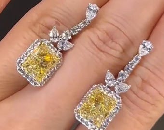 Pendientes de boda con halo de diamantes radiantes amarillos canarios y forma de lágrima, con cierre de rosca y en plata de ley.