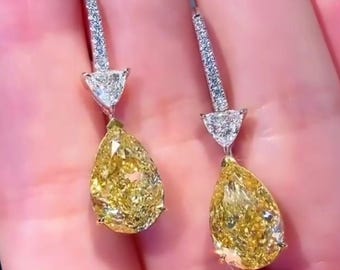 Pendientes colgantes de diamantes amarillo canario en forma de pera de 2 + 2 quilates, pendientes de oro bicolor de 14 quilates con corte de pera, pendientes colgantes de boda para mujer.