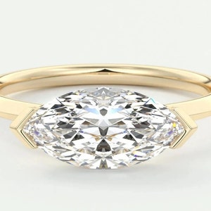 East West Half Bezel Set 1.50 Carat Marquise Cut Lab Grown Diamond Engagement Ring 14K Yellow Gold Bridal Anniversary Ring Solitaire Ring