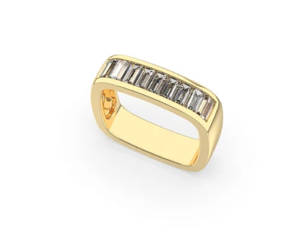 Unique Baguette Cut Lab Diamond Wedding Band 14K Solid Yellow Gold ...