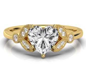 Anillo de oro amarillo de 14 quilates con corte de corazón y moissanita real para mujer, anillo de diamantes de oro, elegante anillo de bodas, regalo para una amiga, joyería inspirada en la naturaleza para mujer