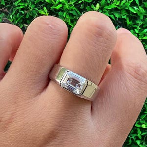 East West Ring Moissanite Engagement Ring 1.67 CT Emerald Cut Bezel Set Anniversary Ring 14K White Gold Unisex Wedding Ring For Her/ Him