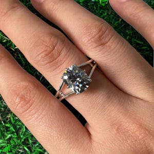 Grey Moissanite Engagement Ring: Radiant Cut Split Shank, Sterling Silver