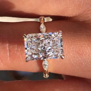 Solitaire Moissanite Radiant Cut Diamond Ring With Side Marquise 3 Ct Radiant Moissanite Engagement Ring For Women Solid Gold Wedding Ring