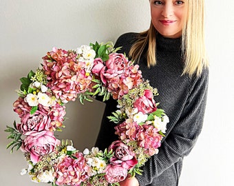 A rich combination of peony, gorgeous hydrangea and freesia, flower wreath for the front door. Flower wreath. Birthday or housewarming gift!