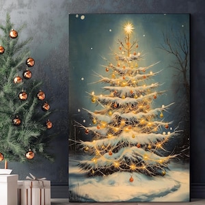 Impressão em tela de árvore de Natal vintage: cena noturna de inverno