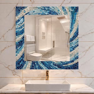 Blue Ocean Swirl Mosaic Square Mirror, Coastal Bathroom Vanity Wall Art
