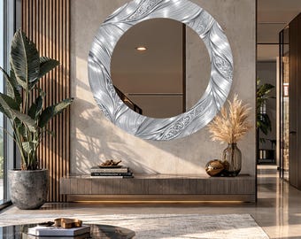 Silver Round Mirror, Ornamental Swirl Frame, Modern Metallic Wall Decor