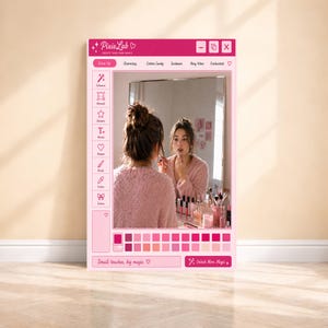 May include: A pink framed mirror with a woman applying lipstick, reflecting in the mirror. The frame has a "Pixie Lab" logo and text that reads "Glow Up", "Charming", "Cotton Candy", "Sunbeam", "Rosy Vibes", and "Enchanted". The text "Small touches, big magic" is also visible.
