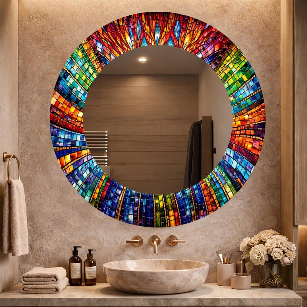 Stained Glass Round Mirror, Colorful Mosaic Wall Decor, Vibrant ...