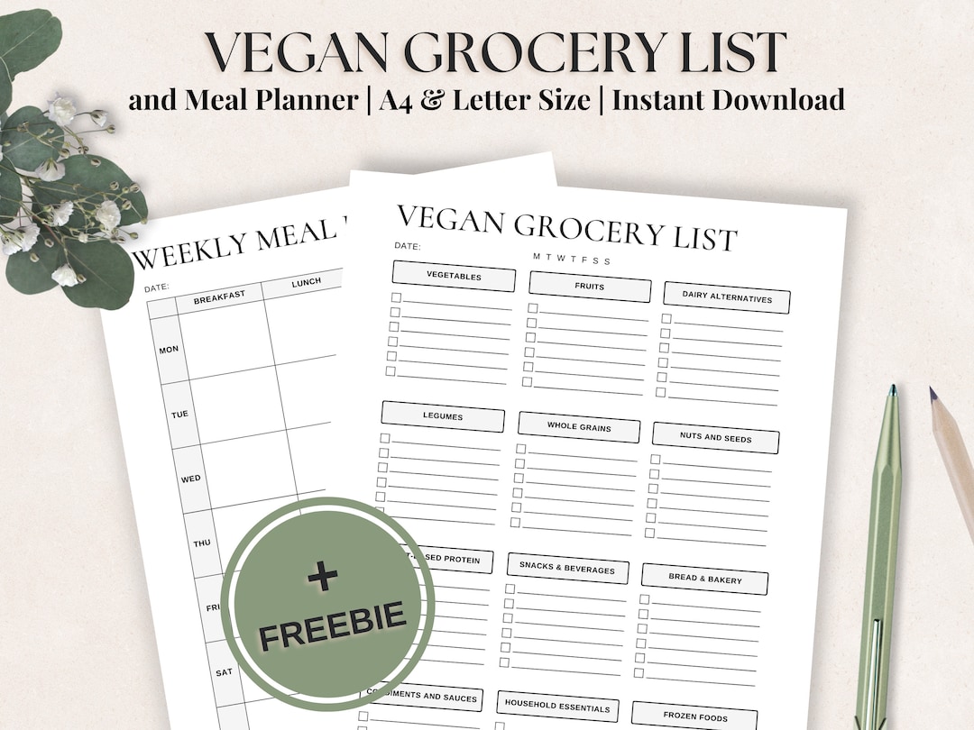 Printable Vegan Grocery List and Weekly Meal Planner Template: Organized  Vegan Grocery Checklist | A4 \u0026 Letter Size | Plant Based Food List - Etsy, image size:1080x810