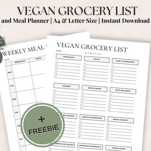 Lista de comestibles veganos imprimible y plantilla de planificador de comidas semanal: Lista de verificación de comestibles veganos organizada / Tamaño A4 y carta / Lista de alimentos a base de plantas