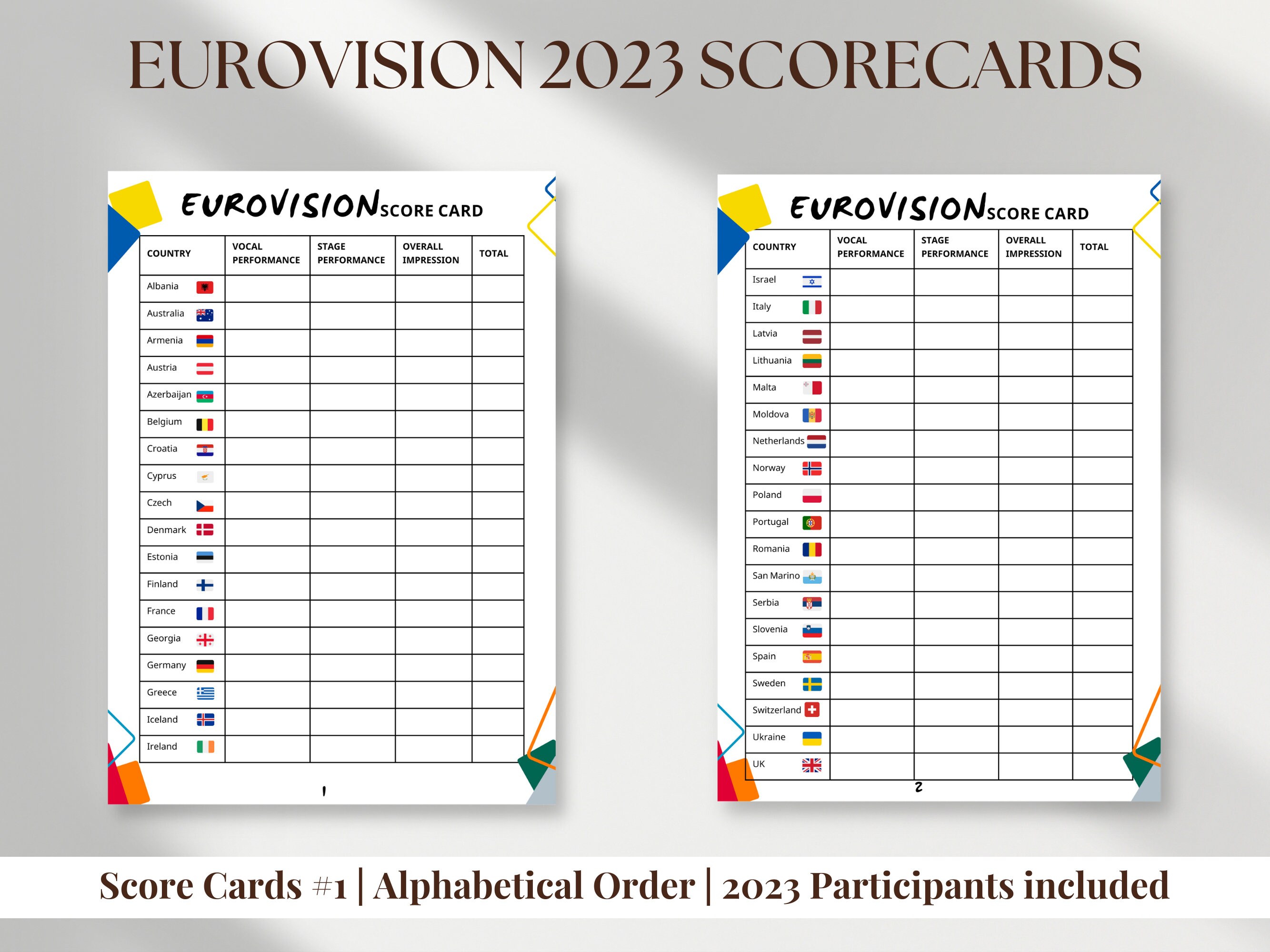 Printable Eurovision Scorecards 2 Versions Eurovision Song Contest