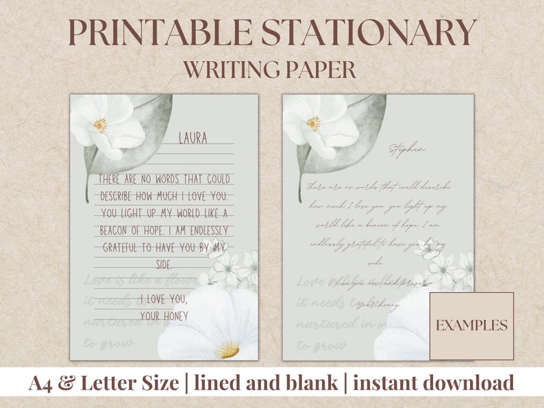 Printable Writing Paper, A4 and Letter Size, Floral Writing Paper