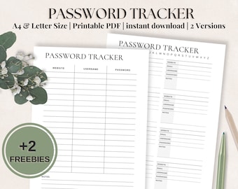 Minimalist Password Tracker: Printable Password Log | A4 & US Letter Size | Secure Login Record | Instant Access