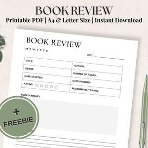 Printable Book Review Template: Review your Books with this simple designed Template | A4 & Letter Size | Reading Journal | Reading Log |PDF