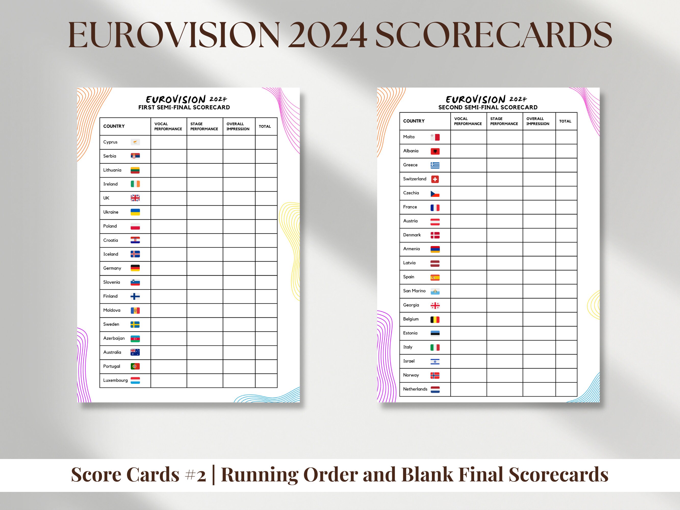Printable Eurovision Scorecards Malmö 2024 Eurovision Song Contest