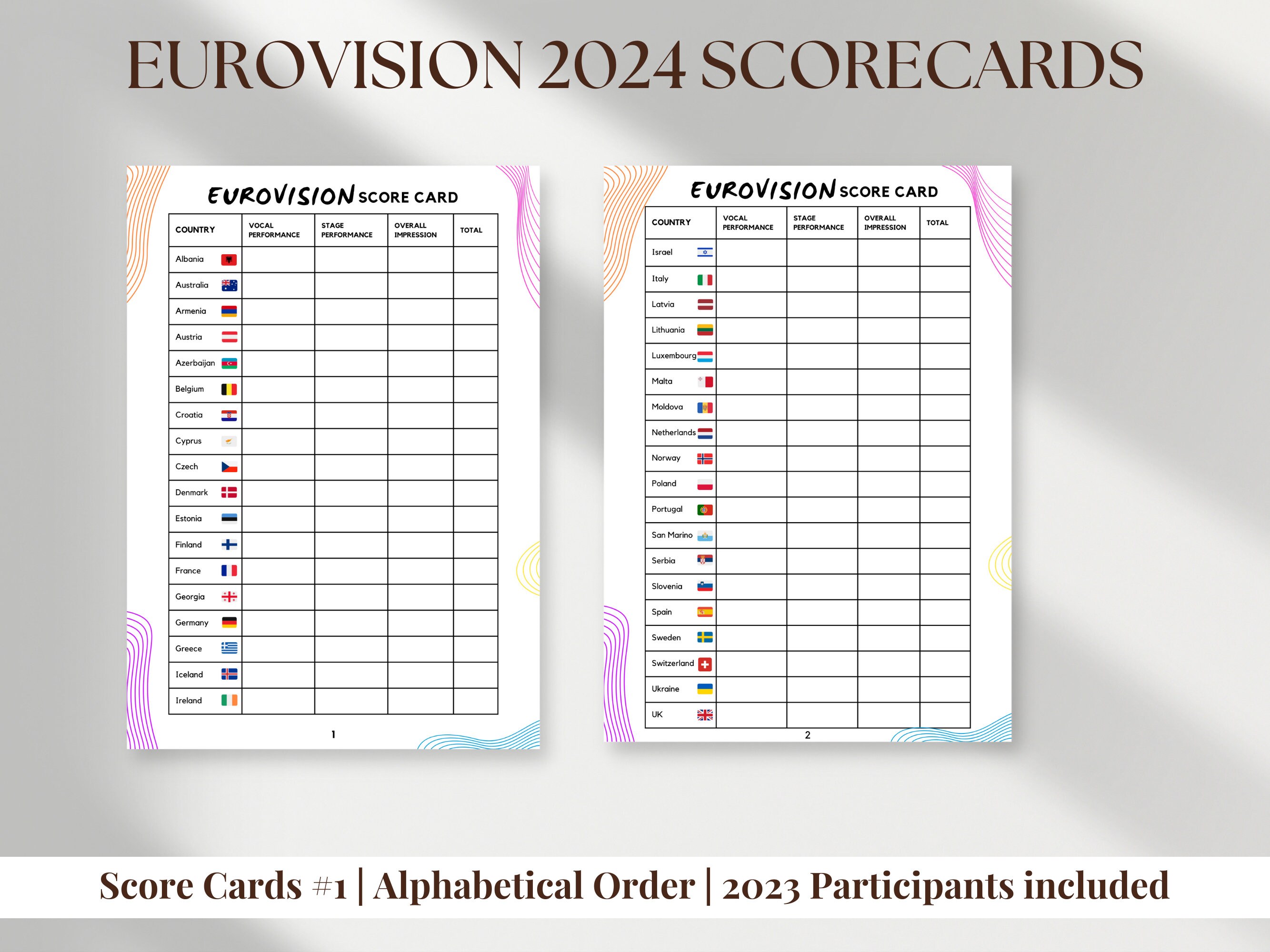 Printable Eurovision Scorecards Malmö 2024 Eurovision Song Contest