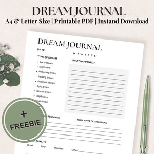 Diario de sueños imprimible: Descubra su subconsciente con nuestra plantilla de análisis de sueños / Tamaño A4 y carta / Rastreador de sueños / Diario de sueños / PDF