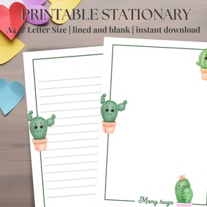 Lindo juego de papelería de cactus: papel imprimible tamaño A4 y carta, perfecto para cartas de amigos por correspondencia o notas a amigos y familiares